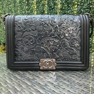 Chanel Black Tooled Leather Paris Dallas Large Cordoba Boy